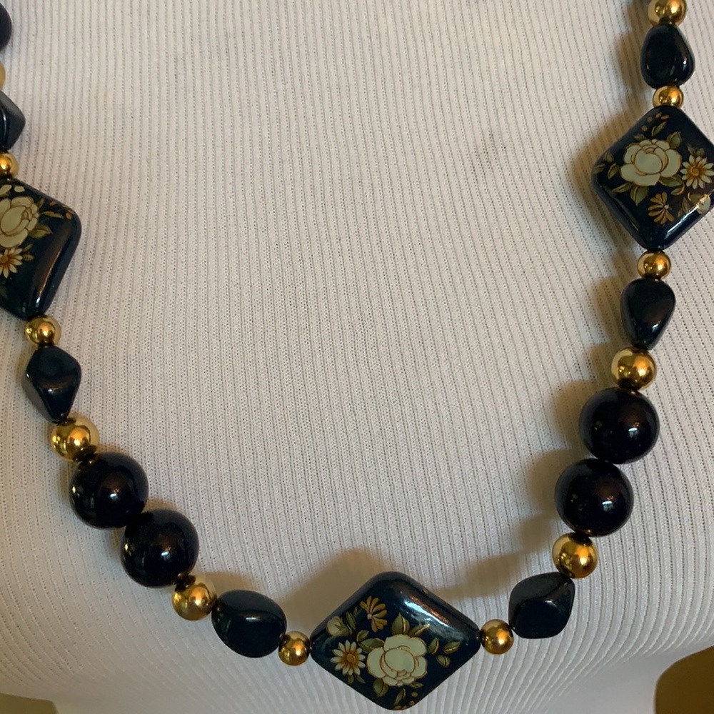 Vtg Blue Lacquered Beaded Necklace JAPAN 29.5” - Picture 1 of 7